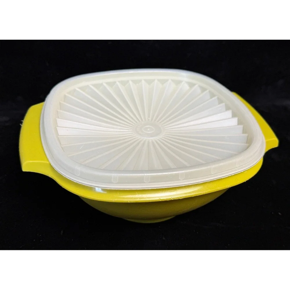 Vintage Tupperware Servalier Bowls: Yellow, Sunburst Lids, Set of 2